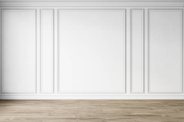 istock Classic white empty interior with wall panels, moldings and wooden floor. 3d render illustration mock up. 1304719637