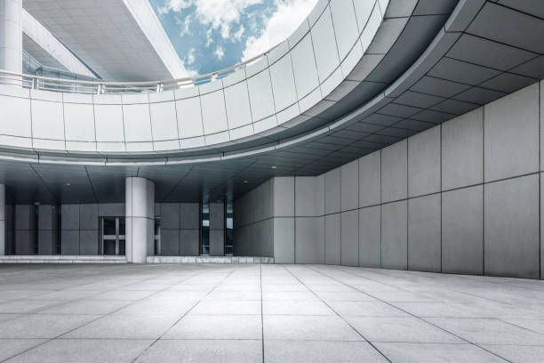 istock A spacious platform on the facade of the public space building, 3D rendering 1304719642