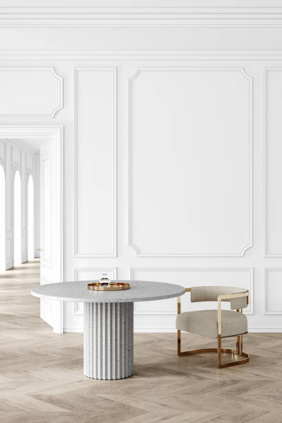 istock White classic interior with round table, chair, wall panel and moldings. 3d render illustration mockup 1304719797