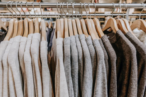 istock Clothes hanging on the shelf 1304719995