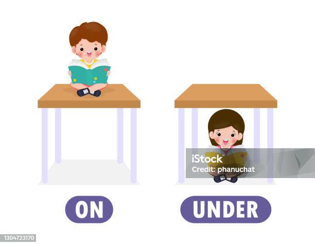 Ilustración de Palabras En Y Debajo Con Personajes De Dibujos Animados Lindos Niños Leyendo Libro Opuesto Ilustración de Palabras En Y Debajo Con Personajes De Dibujos Animados Lindos Niños Leyendo Libro Opuesto
