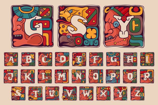 ilustraciones, imágenes clip art, dibujos animados e iconos de stock de alfabeto al estilo azteca, maya o incas. - ilustraciones de azteca logo