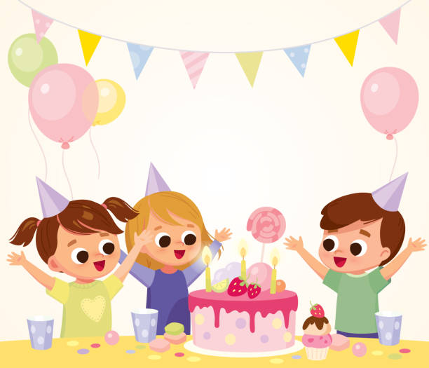 ilustraciones, imágenes clip art, dibujos animados e iconos de stock de niños felices con pastel y globos en la fiesta de cumpleaños. - 1818