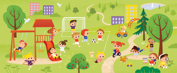 Children play in the park. Kids summer activities outdoors. Green colorful city background. Children play in the park. Kids summer activities outdoors. Green colorful city background.City landscape recess cartoon stock illustrations