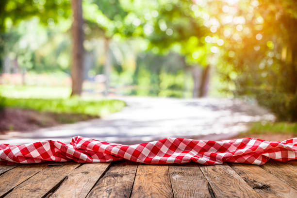istock Empty rustic picnic table with crumpled gingham cloth against defocused nature background 1304724604