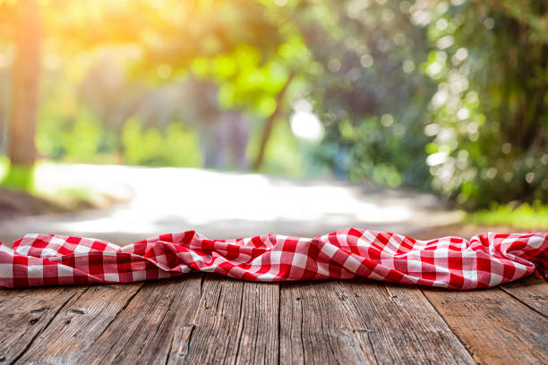 istock Empty rustic picnic table with crumpled gingham cloth against defocused nature background 1304724611