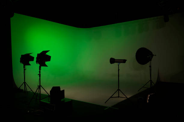 istock Empty photo studio with photography lighting equipments 1304724842