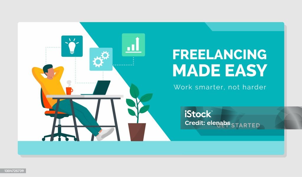 Freelancing made easy and low-stress job Happy freelancer sitting at desk in his home office, thinking solutions and relaxing: he is working smarter, not harder, low-stress job concept Effortless stock vector