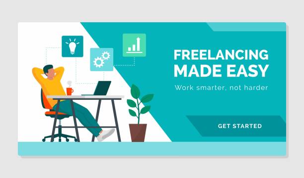 Freelancing made easy and low-stress job Happy freelancer sitting at desk in his home office, thinking solutions and relaxing: he is working smarter, not harder, low-stress job concept effortless stock illustrations