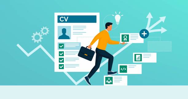 Man adding skills to his CV and increasing his employment opportunities Man adding skills to his CV and increasing his employment opportunities, reskilling and upskilling concept good cv stock illustrations
