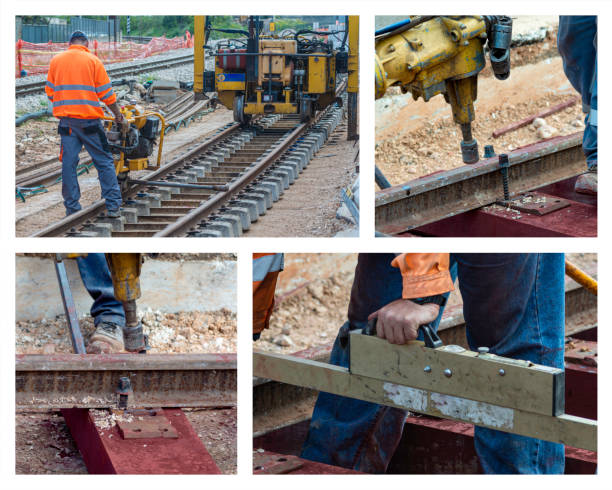 istock Collage with construction workers at work at Railway station. Construction of a new railway line at a city station. 1304725975