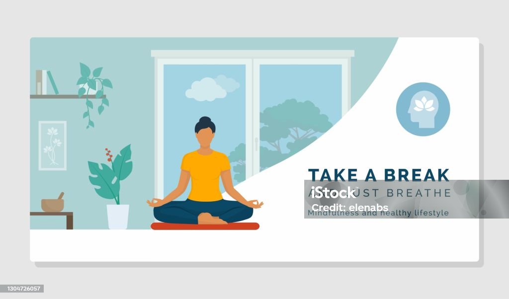 Kobieta robi medytację w domu i relaks - Grafika wektorowa royalty-free (Joga)