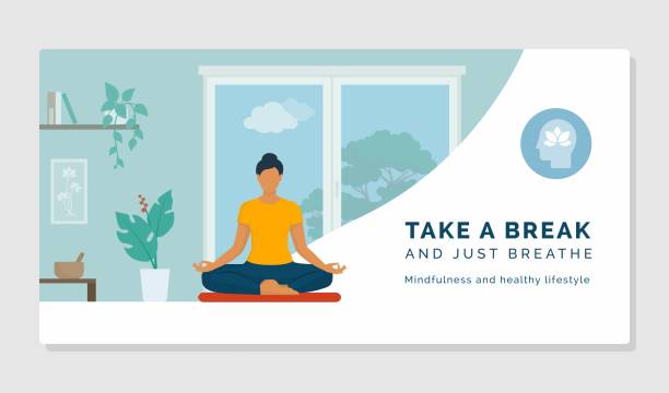 Woman doing meditation at home and relaxing Woman sitting on the floor and doing meditation at home, relaxation and mindfulness concept yoga stock illustrations