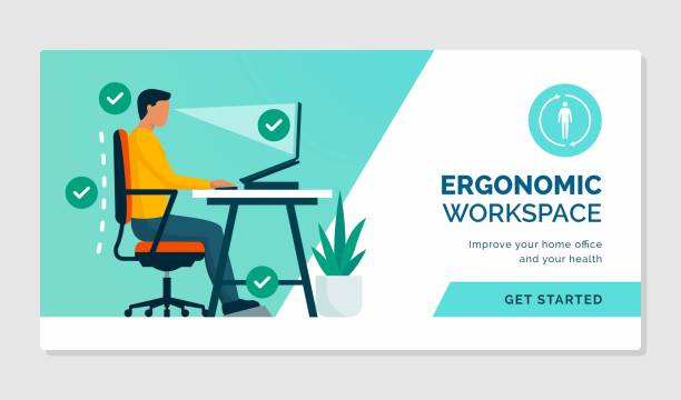 Ergonomic workspace and correct posture Ergonomic workspace: sitting at desk with proper posture and office equipment ergonomics stock illustrations