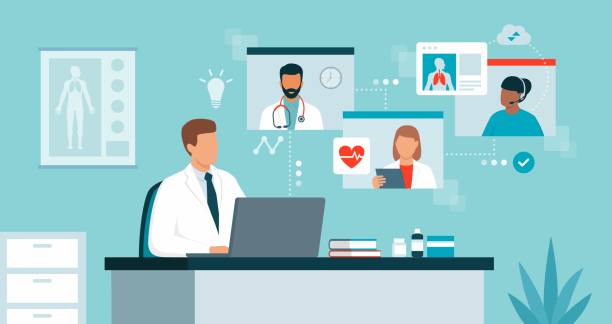 Virtual medical conference and telehealth Doctor connecting online and talking with other healthcare professionals on a video conference call, virtual medical conference and telemedicine concept medical technology stock illustrations
