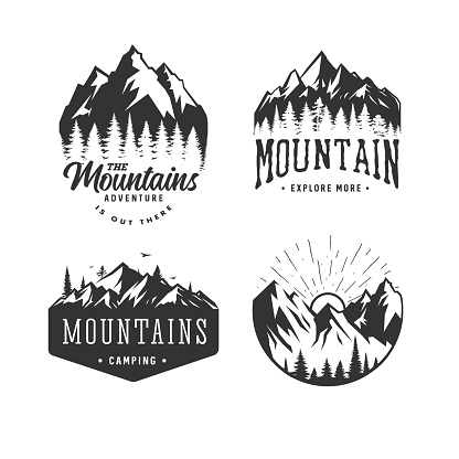 Monochrome illustrations with a mountains logos on a white background.