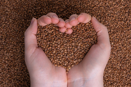 Heart shaped female hands with buckwheat in palms