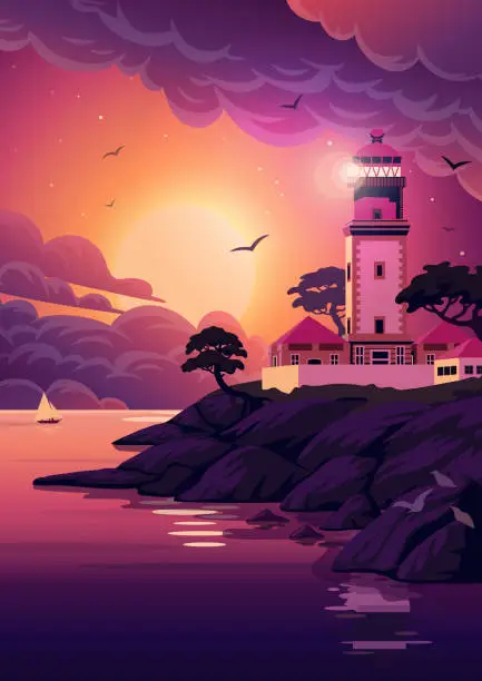 Vector illustration of Lighthouse - vector landscape. Sea landscape with beacon on the cliff at sunset. Vector illustration in flat cartoon style