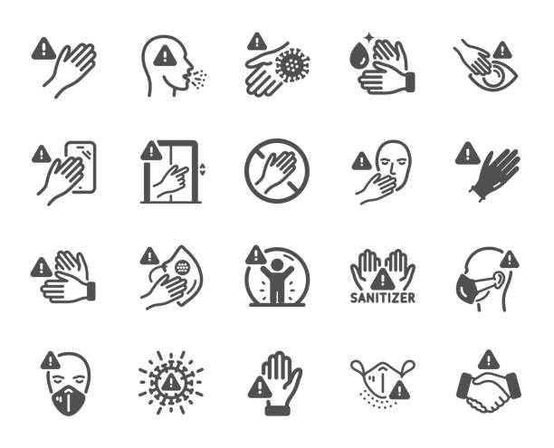 Touch warning icons. Stop touch face, eyes and medical mask. Covid cough symptoms. Vector Touch warning icons. Stop touch face, eyes and medical mask. Covid cough symptoms, wash and disinfect hands icons. Do not press lift buttons, protect face with medical mask. Vector hand elevator stock illustrations