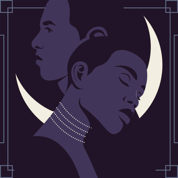 ilustraciones, imágenes clip art, dibujos animados e iconos de stock de perfiles de pareja africana. amor y citas. - art deco illustrations