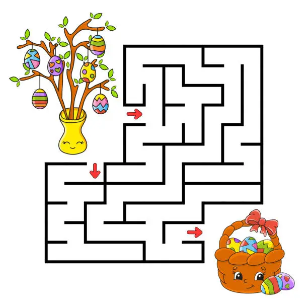 Vector illustration of Easter theme. Square maze. Game for kids. Puzzle for children. Labyrinth conundrum. Color vector illustration. Isolated vector illustration. Cartoon character.