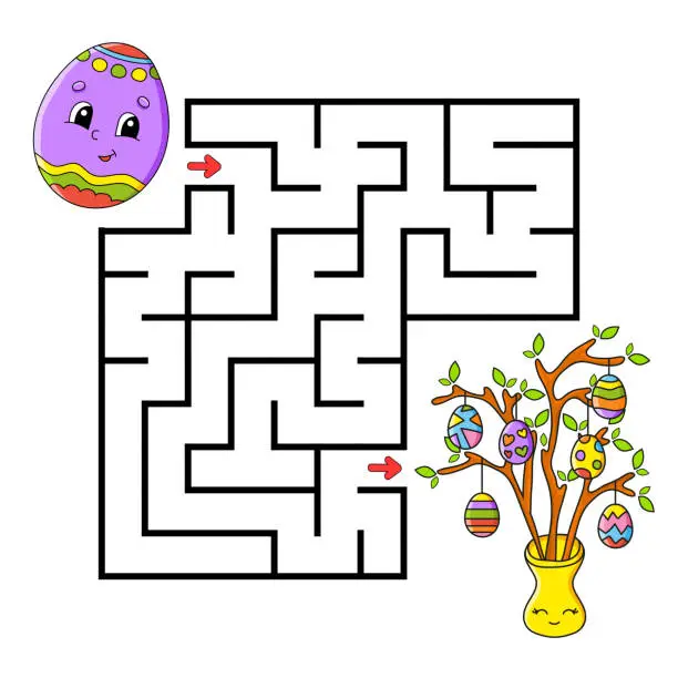 Vector illustration of Easter theme. Square maze. Game for kids. Puzzle for children. Labyrinth conundrum. Color vector illustration. Isolated vector illustration. Cartoon character.