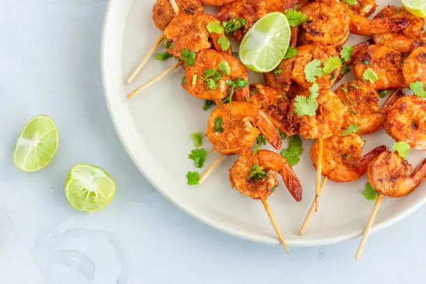 Grilled Shrimp on Skewers Horizontal Top Down Photo, Shrimp / Prawn Appetizer Photo