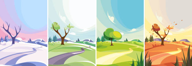 Natural landscape at different times of year. Natural landscape at different times of year. Beautiful non-urban scenes in vertical orientation. snow road stock illustrations