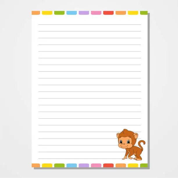 Vector illustration of Sheet template for notebook, notepad, diary. Lined paper. Cute character. With a color image. Isolated vector illustration. Cartoon style. Animal theme.