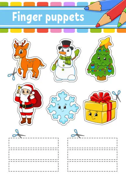 Vector illustration of Finger puppets. Activity Game for kids. Christmas theme. Cute characters. Cartoon style. Christmas theme. Color vector illustration.