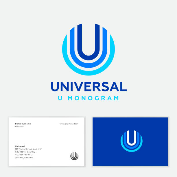 U monogram. Universal abstract emblem. Business card. U letter in a few colored circles. Multi color geometric elements as U monogram on different backgrounds. the letter u stock illustrations