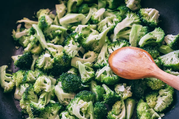 Cooking Broccoli In A Pan Cooking Broccoli In A Pan brokoli stock pictures, royalty-free photos & images
