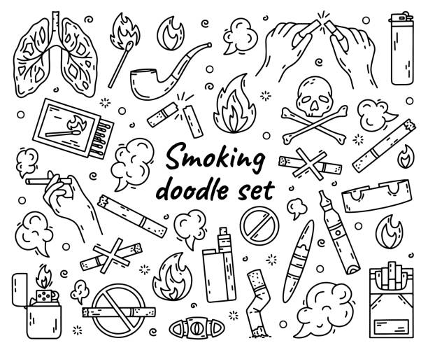 Cigarette smoking vector set of bad habits Cigarette smoking outline vector set in doodle style, hand drawing. The concept of bad habits with tobacco, lighters and vape. cigarette warning label stock illustrations