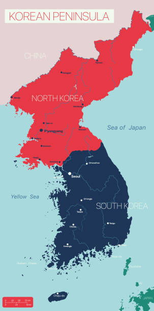 półwysep koreański szczegółowa edytowalna mapa - korean peninsula stock illustrations