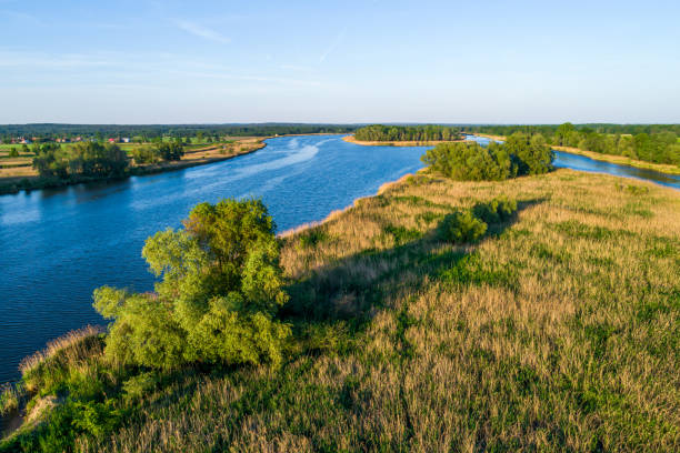 река одра в польше, на участке войводства, сфотографирована в золотой час. красивый синий цвет реки и оттенки желтого и зеленого на суше. - odra river стоковые фото и изображения