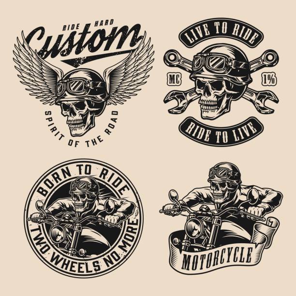 ilustraciones, imágenes clip art, dibujos animados e iconos de stock de diseños monocromáticos vintage para motocicletas - animal skeleton illustrations