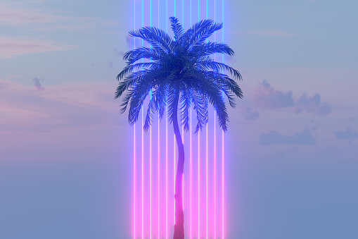 3D rendering of Neon Lightning Glowing Lines and Palm Tree on Sky