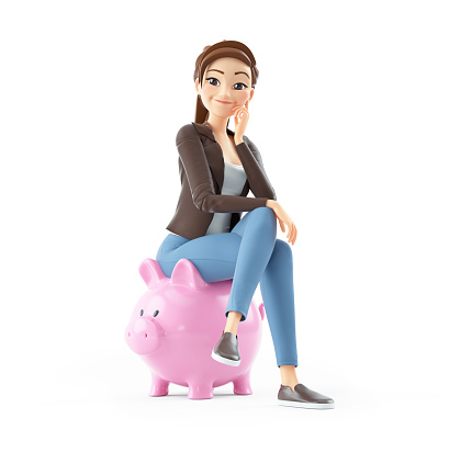 3d cartoon woman sitting on piggy bank, illustration isolated on white background