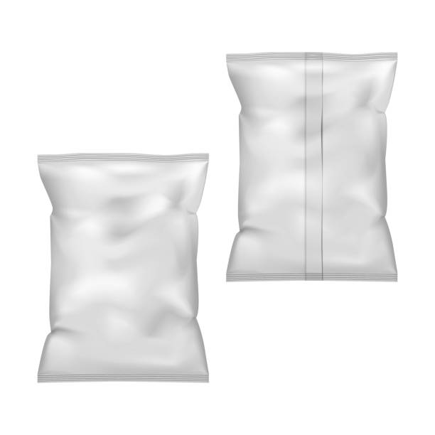 istock Blank food snack pillow bag - front and back, vector mock-up. Realistic crumpled plastic pouch pack isolated on white background, mockup. Template for design 1304741252