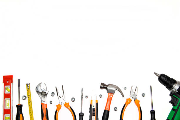istock Group of used mechanical tools on a white background. With place for text, top view 1304741296