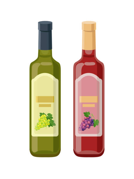flaschen essig aus roten und grünen trauben. traubenprodukt, vektor-illustration isoliert auf weißem hintergrund. - vinegar bottle balsamic vinegar cruet stock-grafiken, -clipart, -cartoons und -symbole