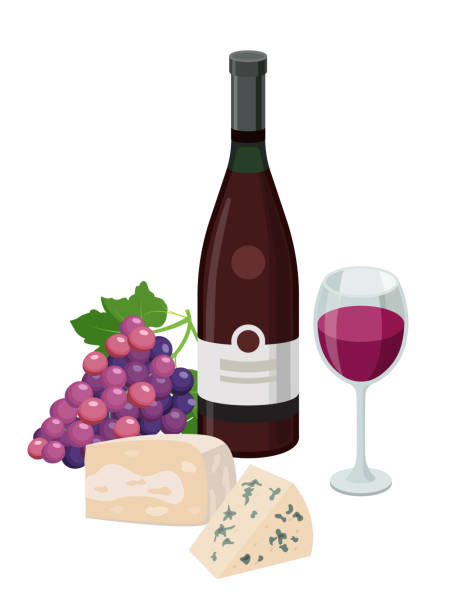 ilustrações de stock, clip art, desenhos animados e ícones de bottle of red wine and wineglass with cheese and grape. grape product, vector illustration isolated on white background. - wineglass wine glass red wine