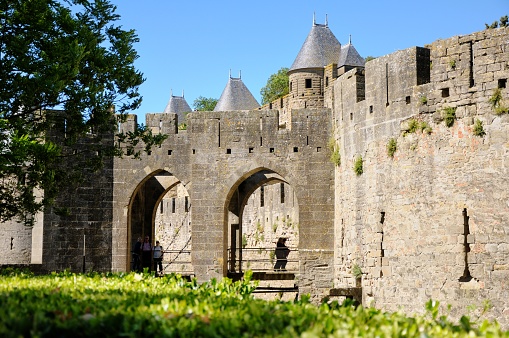 Strong walls and towers protecting the medieval town of Carcassonne, Languedoc-Roussillon, France.