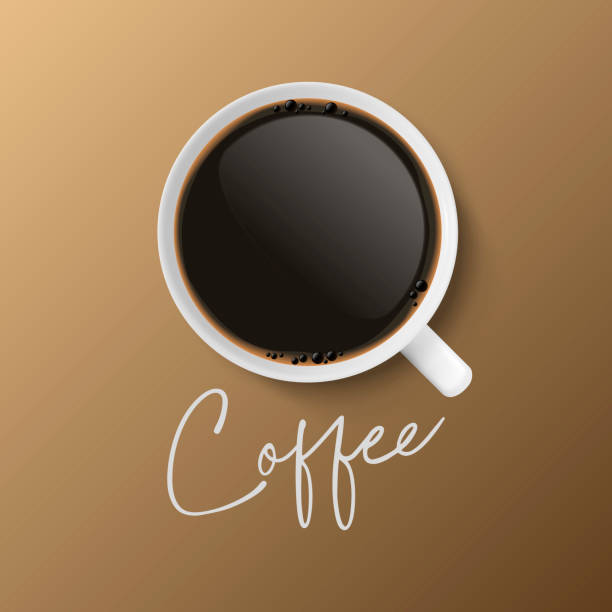 ilustraciones, imágenes clip art, dibujos animados e iconos de stock de vector 3d realista cerámica blanca porcelana cerámica taza de café de cerámica, primer plano de la taza aislado sobre fondo marrón. café negro, espresso, mocha, americano. plantilla de diseño. vista superior - black coffee mocha high angle view black