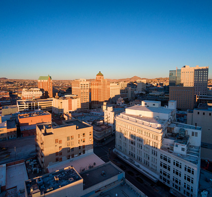 Drone View of Downtown El Paso during sunrise