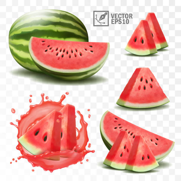 illustrazioni stock, clip art, cartoni animati e icone di tendenza di set vettoriale isolato trasparente realistico 3d, intero e fetta di anguria, anguria in una spruzzata di succo con gocce - watermelon