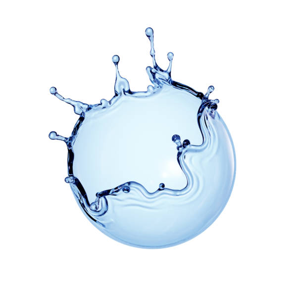 istock 3d render, spherical water splash element. Splashing blue liquid clip art isolated on white background 1304748604