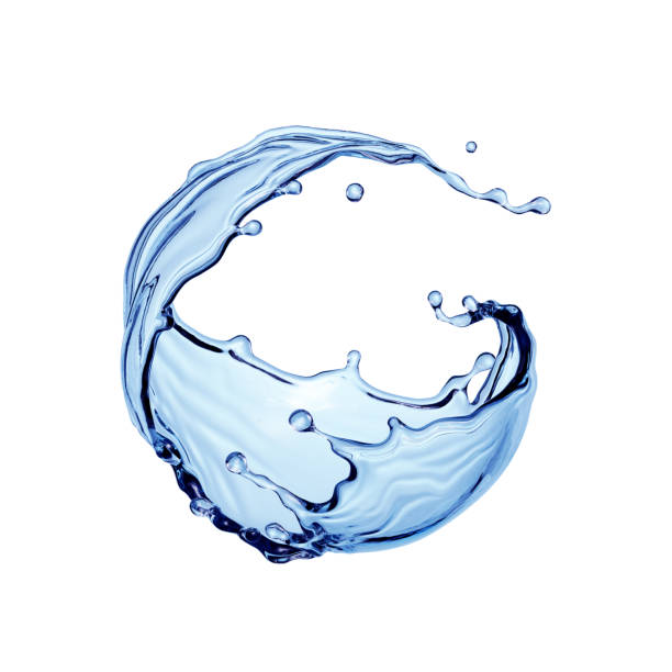istock 3d render, dynamic blue water jet, wavy spherical splash clip art isolated on white background. Twisted liquid shape, splashing wave 1304748619