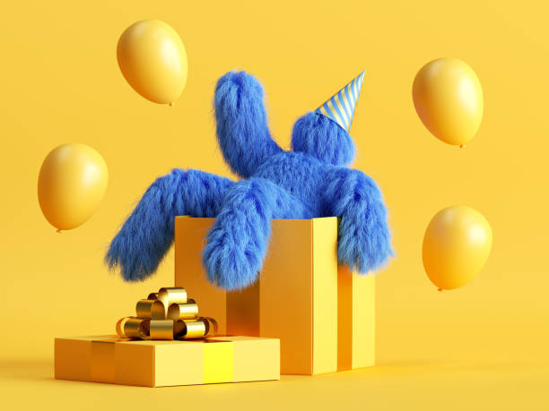 istock 3d render, funny hairy blue monster sits inside the big gift box, flying air balloons, Yeti cartoon character celebrating birthday party. Festive clip art isolated on yellow background 1304748963