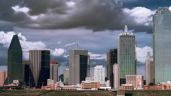Storm clouds gather over downtown Dallas.